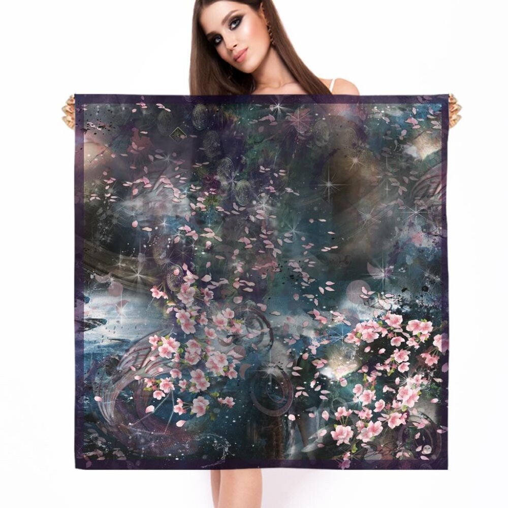 Capricorn Galazy & Pink Dogwood Floral Square Silk Scarf